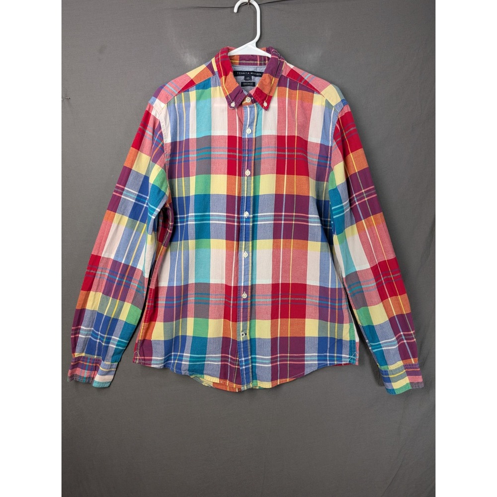 Tommy Hilfiger Mens Multicolor Plaid Custom Fit Button Down Shirt L Long Sleeve